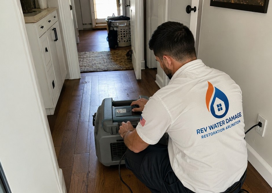 Technician operating low-grain refrigerant dehumidifier in hallway